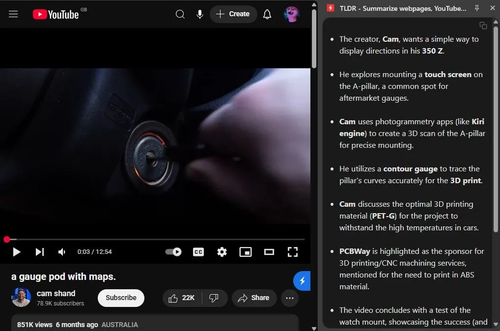 Giao diện tiện ích TLDR tóm tắt nhanh video YouTube, hiển thị các ý chính