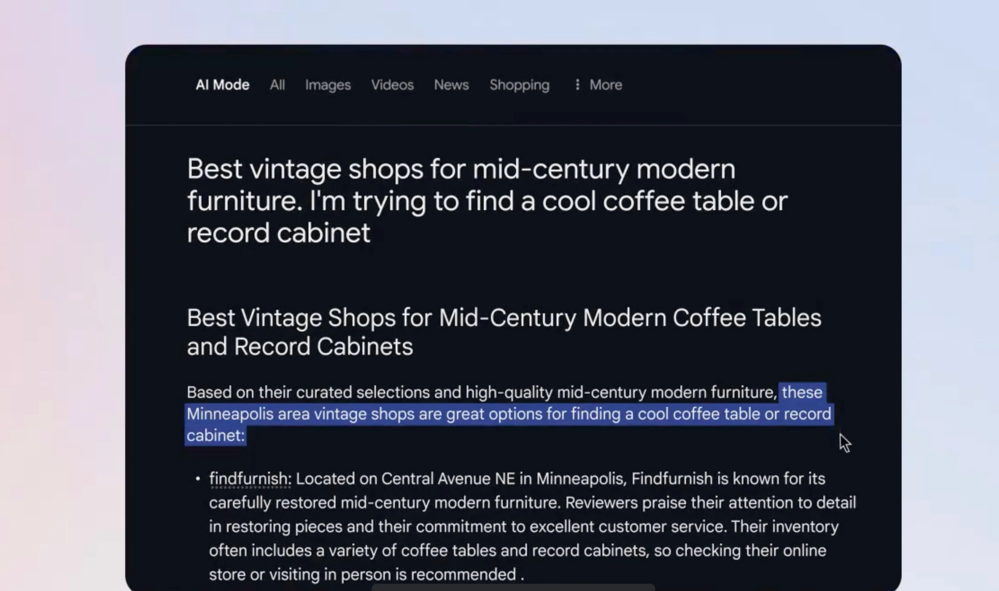 Giao diện tìm kiếm AI mới của Google hiển thị kết quả tổng hợp nhiều đoạn văn và nguồn tham khảo. Đây là hình ảnh minh họa cho Chế độ Tìm kiếm AI trên Google.
