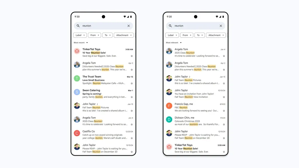 Giao diện tìm kiếm Gmail với tính năng Most Relevant và Most Recent