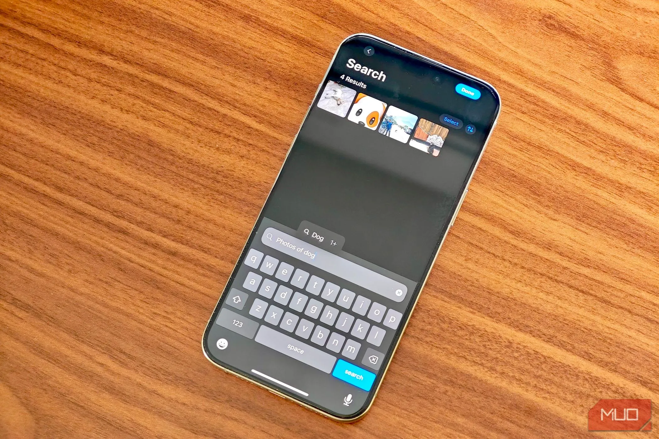 Giao diện tìm kiếm ngôn ngữ tự nhiên trong iOS 18.1 trên iPhone 15 Pro Max, hiển thị khả năng tìm kiếm ảnh bằng câu lệnh tự nhiên.