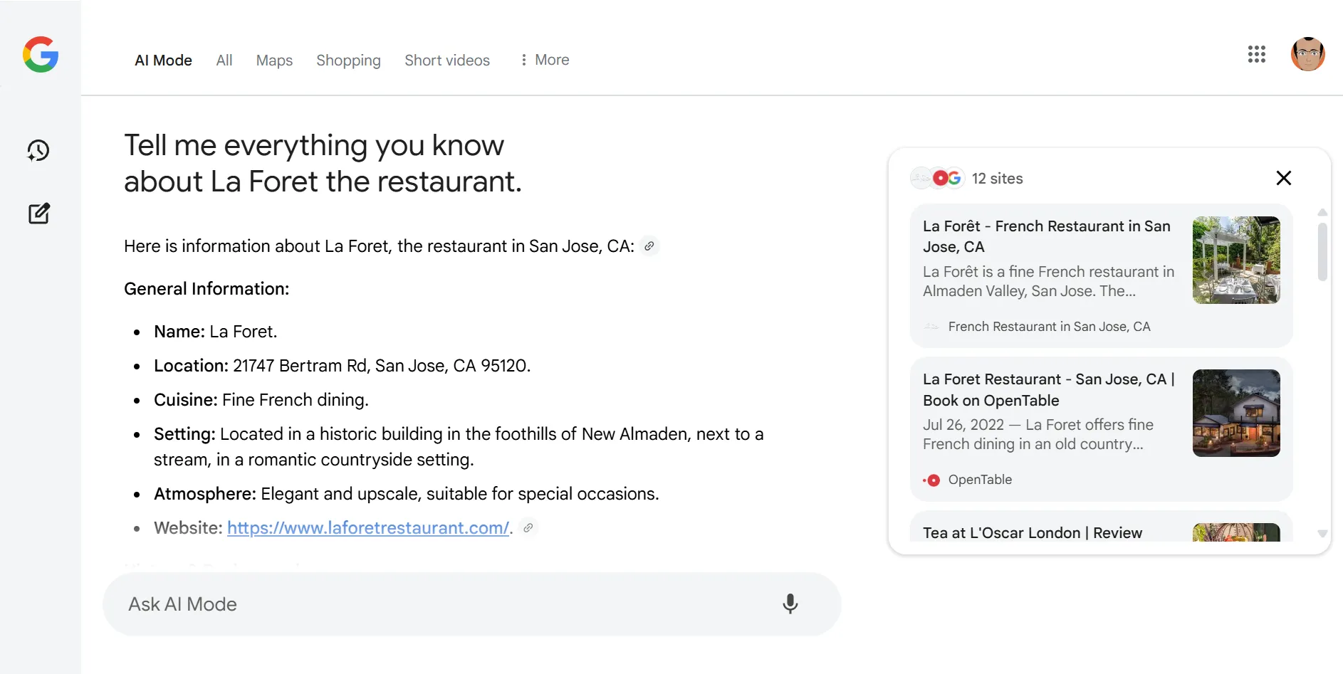 Giao diện tìm kiếm với Google AI Mode hiển thị câu trả lời AI trực tiếp và các liên kết web.