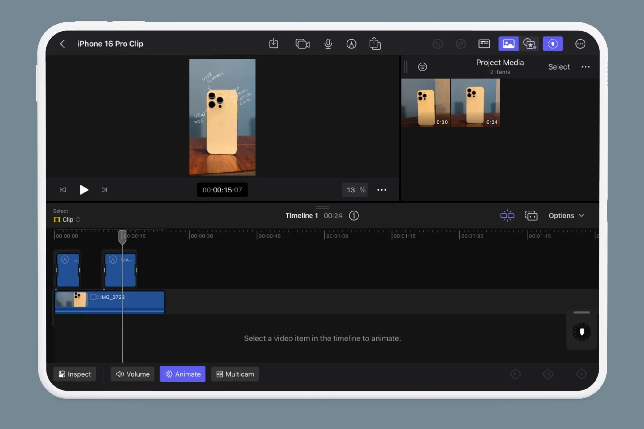 Giao diện timeline Final Cut Pro trên iPad hiển thị biểu tượng Live Drawing