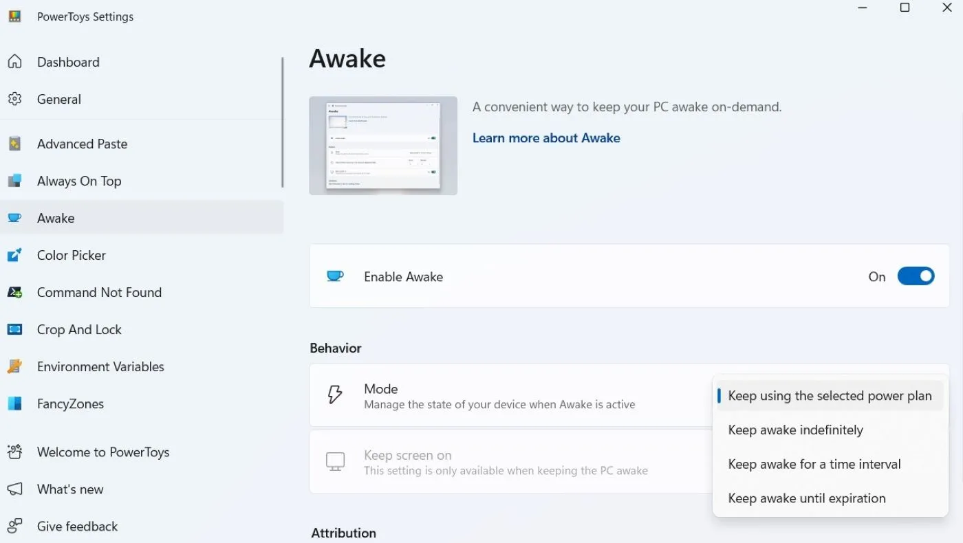 Giao diện tính năng Awake trong Microsoft PowerToys, cho phép người dùng tạm thời ngăn máy tính chuyển sang chế độ ngủ, với các tùy chọn thời gian và giữ màn hình bật.