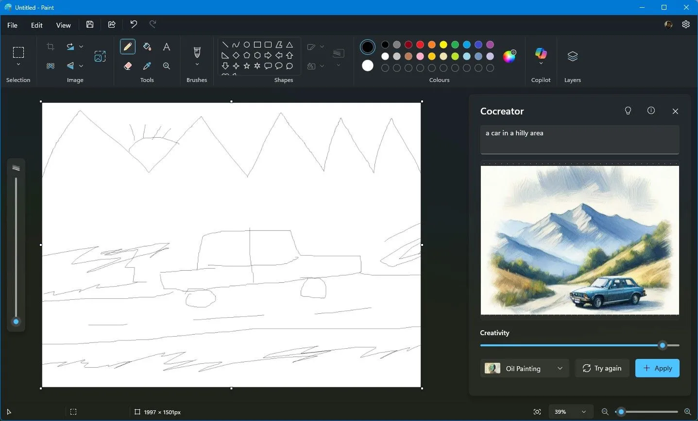 Giao diện tính năng Cocreator trong Microsoft Paint đang biến phác thảo thành tranh phong cảnh chi tiết bằng AI