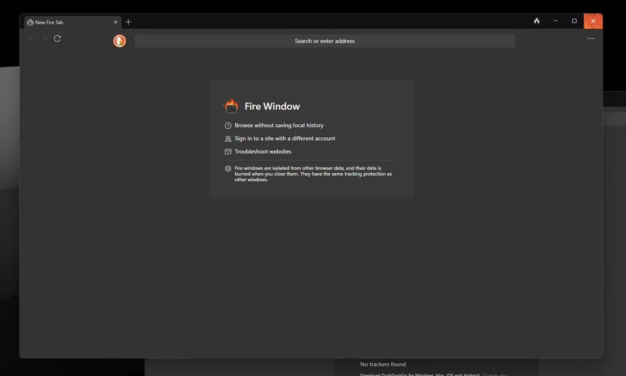 Giao diện tính năng Fire Window trong DuckDuckGo Browser giúp xóa dữ liệu duyệt web nhanh chóng chỉ với một cú nhấp
