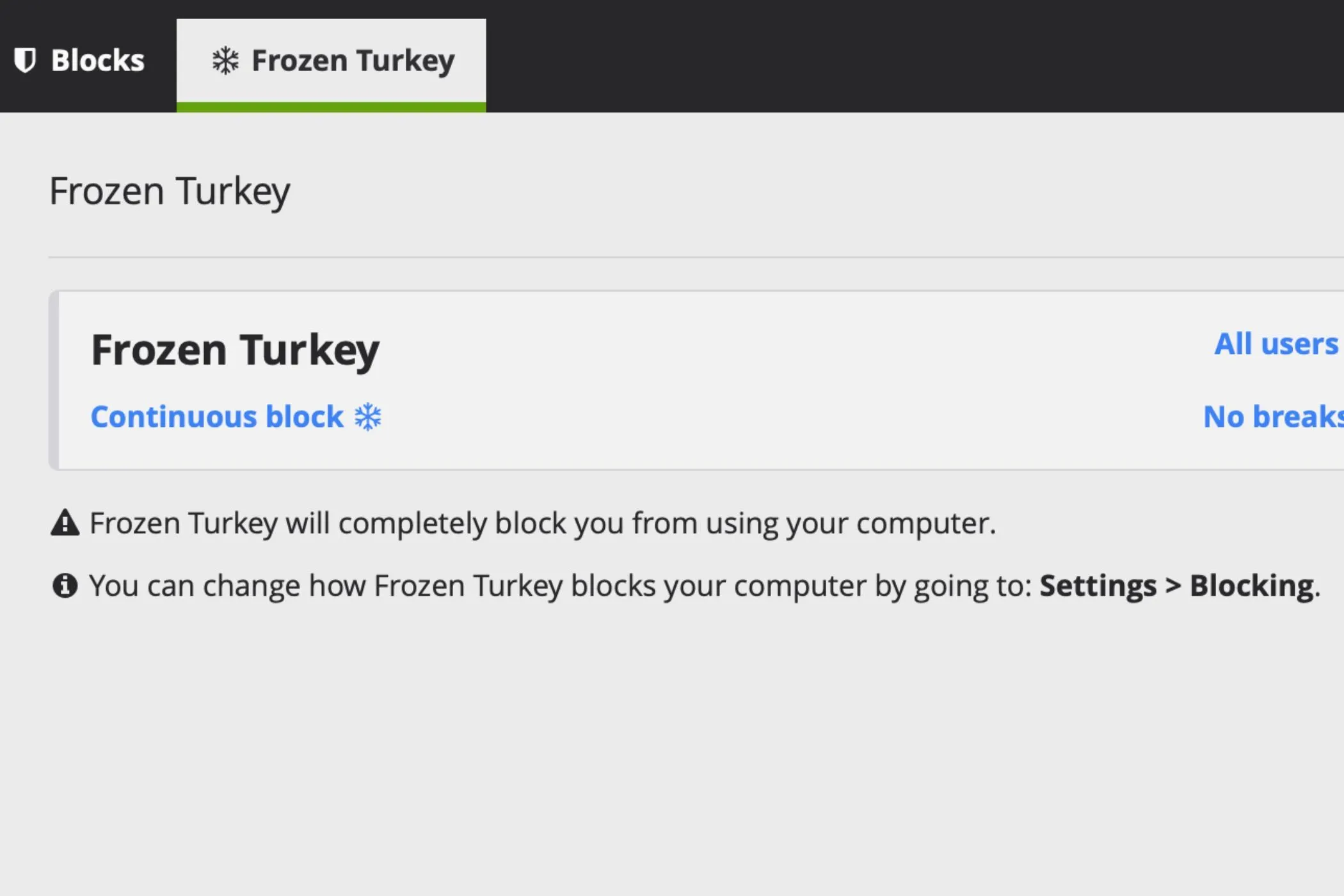 Giao diện tính năng Frozen Turkey trong ứng dụng Cold Turkey