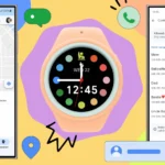 Giao diện tính năng Galaxy Watch cho trẻ em hiển thị biểu tượng định vị và danh bạ trên nền đồng hồ Samsung và hai điện thoại Galaxy