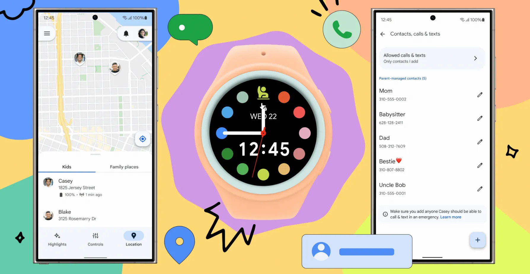 Giao diện tính năng Galaxy Watch cho trẻ em hiển thị biểu tượng định vị và danh bạ trên nền đồng hồ Samsung và hai điện thoại Galaxy
