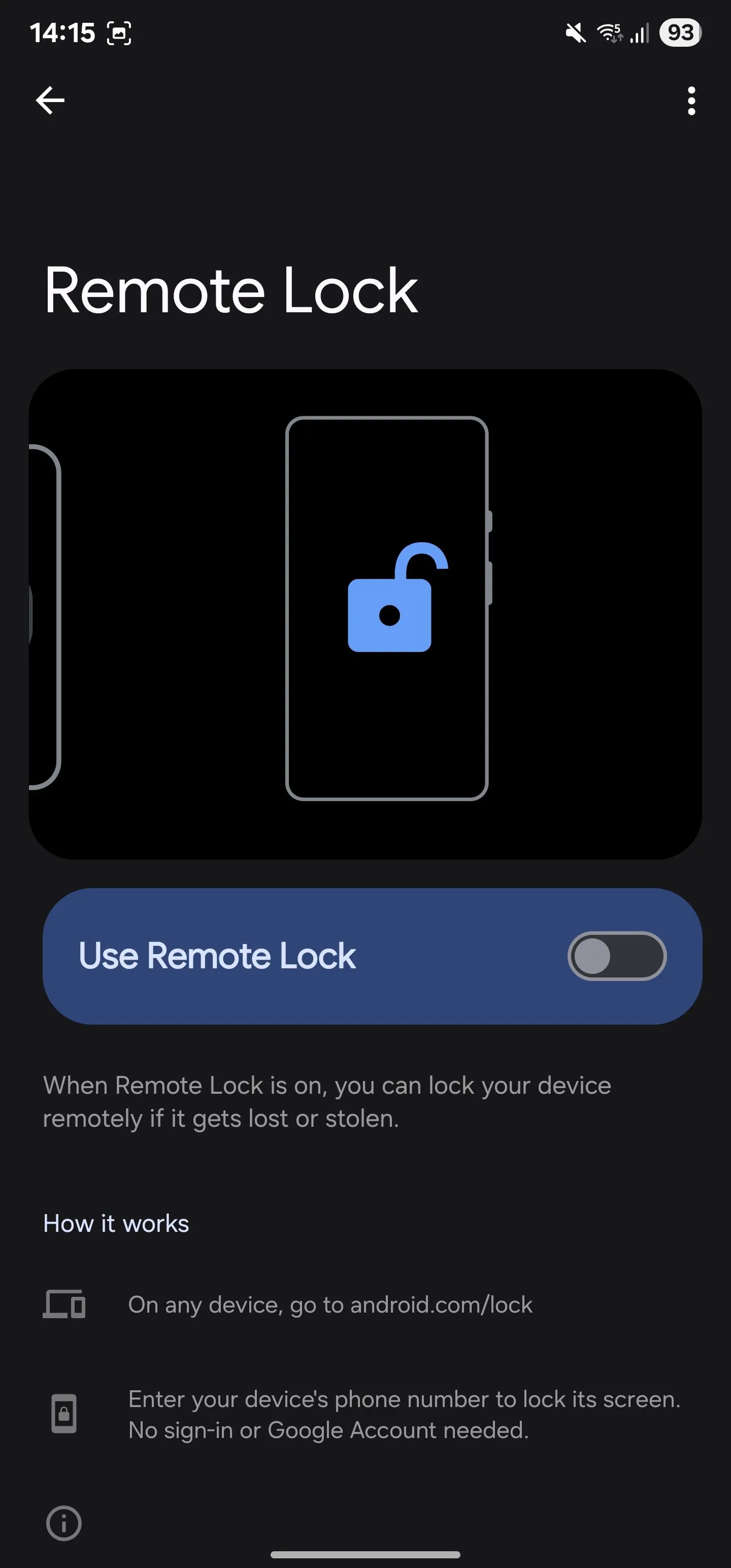 Giao diện tính năng Khóa từ xa (Remote Lock) trên Samsung Galaxy đang ở trạng thái tắt, sẵn sàng để kích hoạt.
