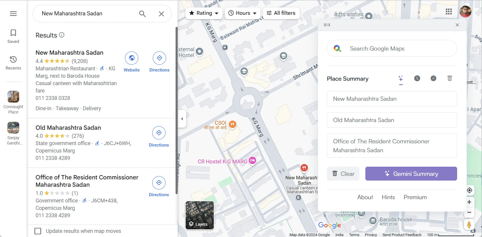 Giao diện tính năng Page Summary của tiện ích Maps Express, giúp tóm tắt các địa điểm chính từ trang web