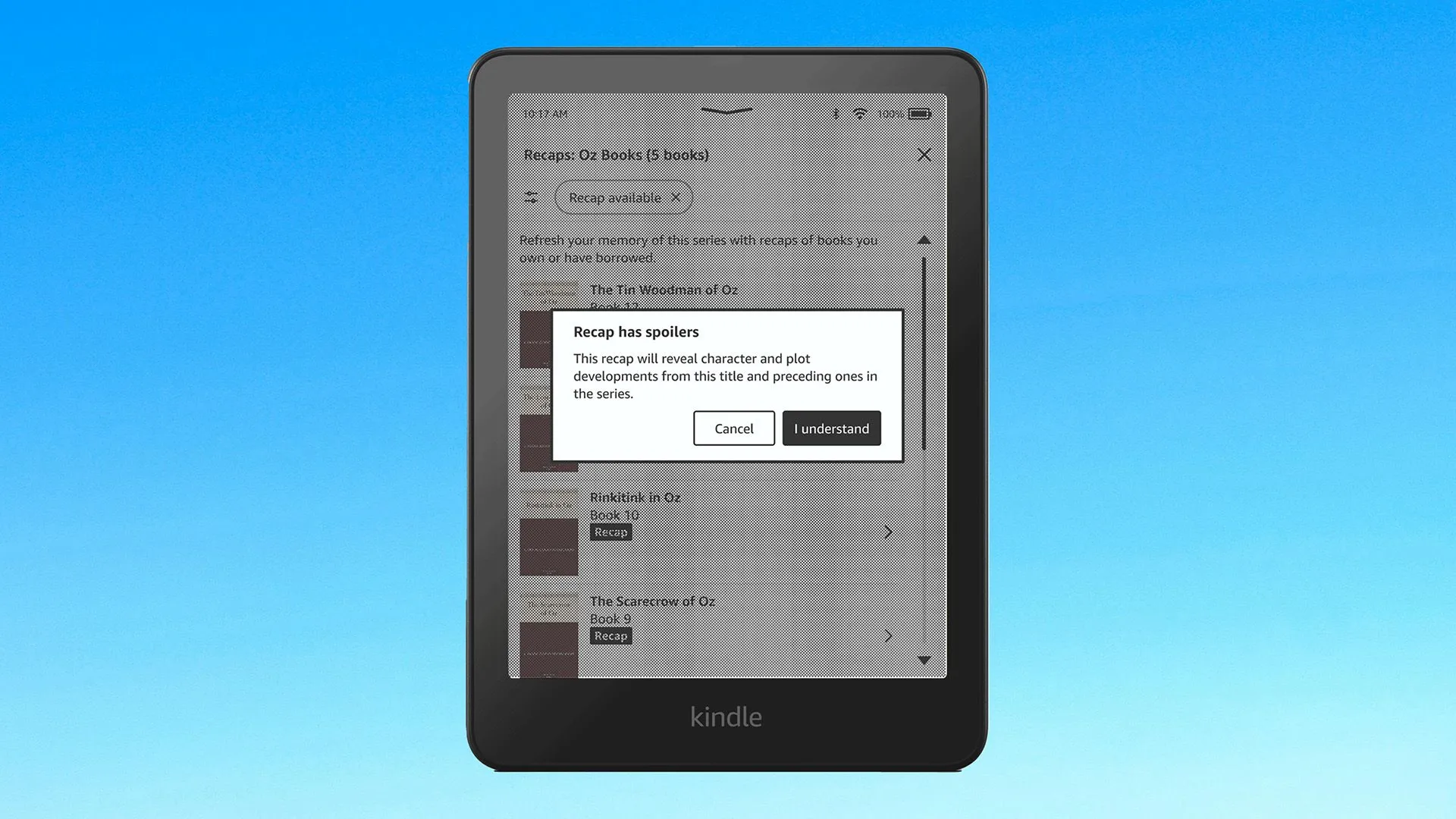 Giao diện tính năng Recaps hỗ trợ AI trên ứng dụng Amazon Kindle