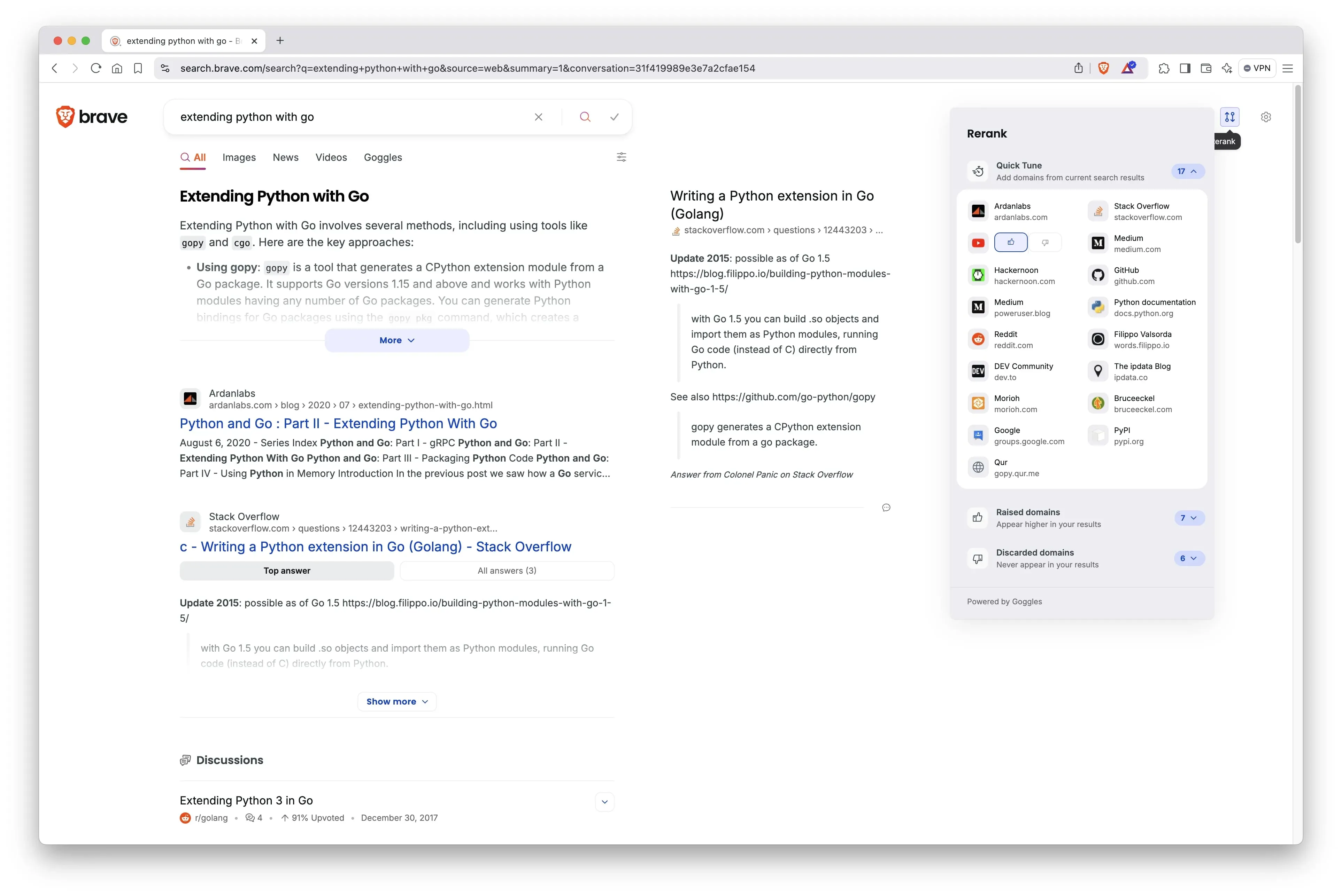 Giao diện tính năng Rerank của Brave Search, minh họa người dùng đánh giá tích cực một trang web