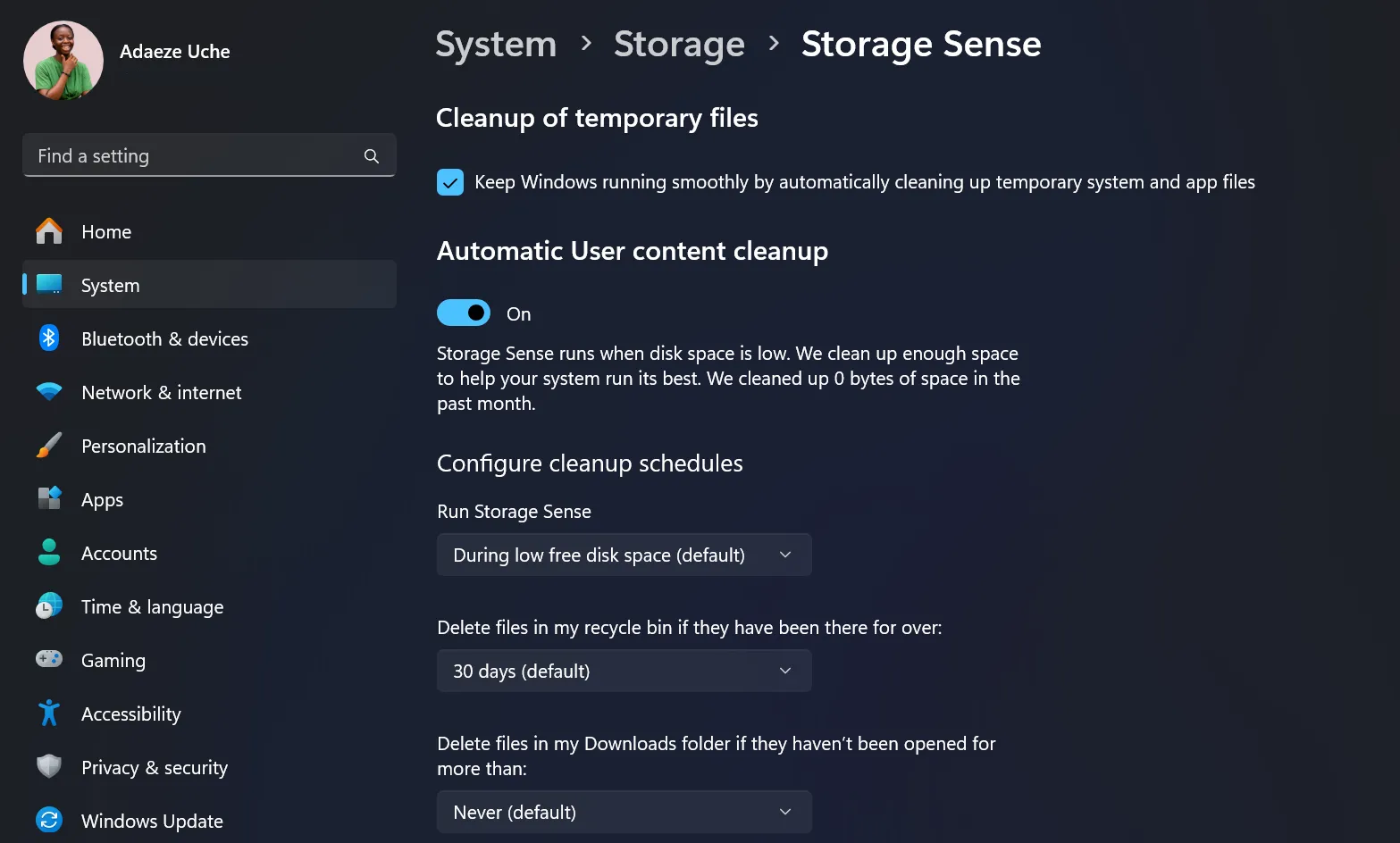 Giao diện tính năng Storage Sense trong cài đặt Windows, minh họa khả năng quản lý không gian lưu trữ thông minh của hệ điều hành hiện đại.