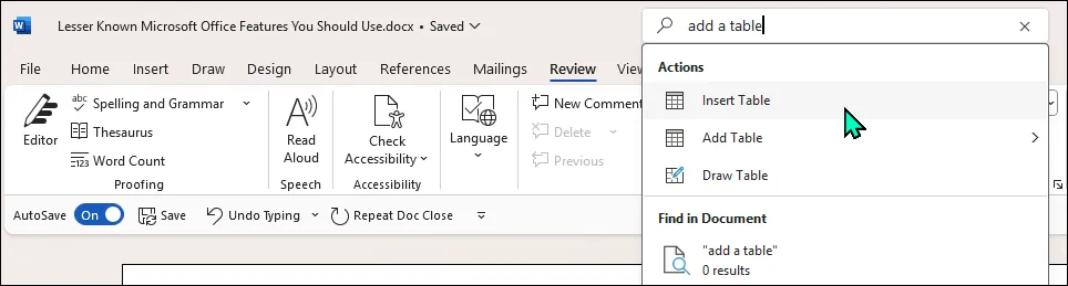 Giao diện tính năng tìm kiếm Microsoft Search trong ứng dụng Word trên Windows 11, minh họa cách thực hiện lệnh từ thanh tìm kiếm.