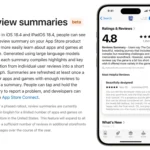 Giao diện tính năng tóm tắt đánh giá ứng dụng bằng AI trên Apple App Store với iOS 18.4
