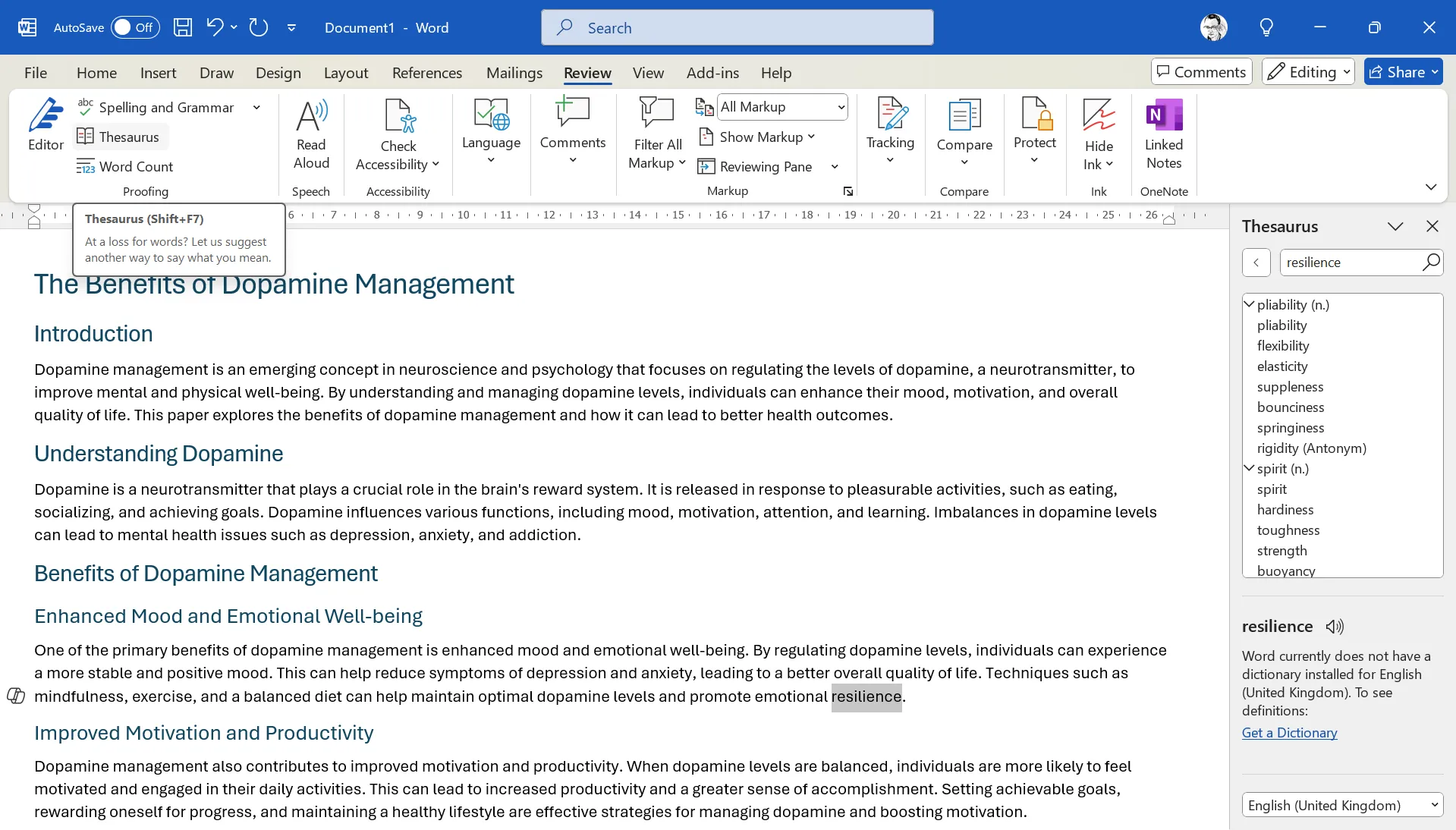 Giao diện tính năng Từ điển Đồng nghĩa trong Microsoft Office hiển thị các từ gợi ý