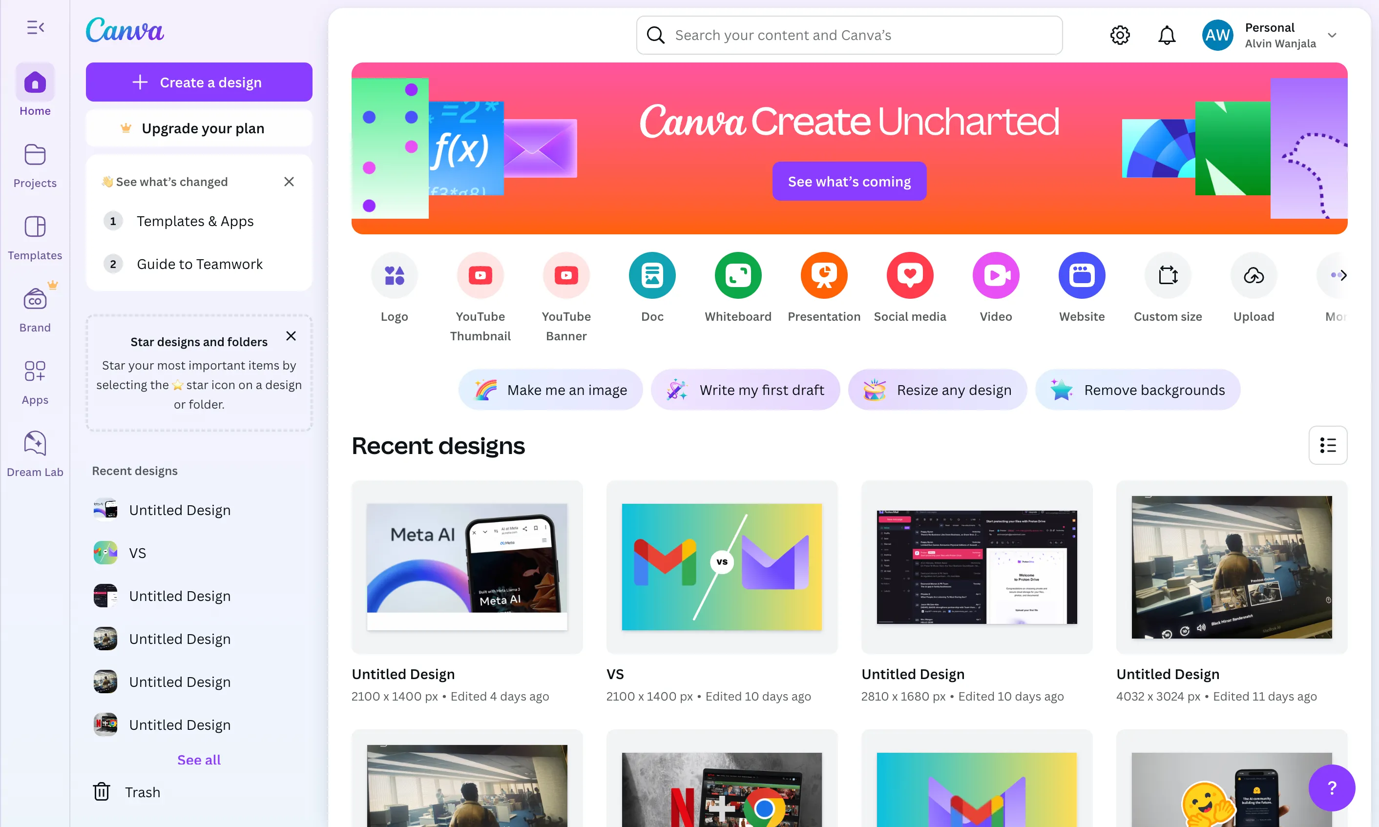 Giao diện trang chủ Canva khi đăng nhập