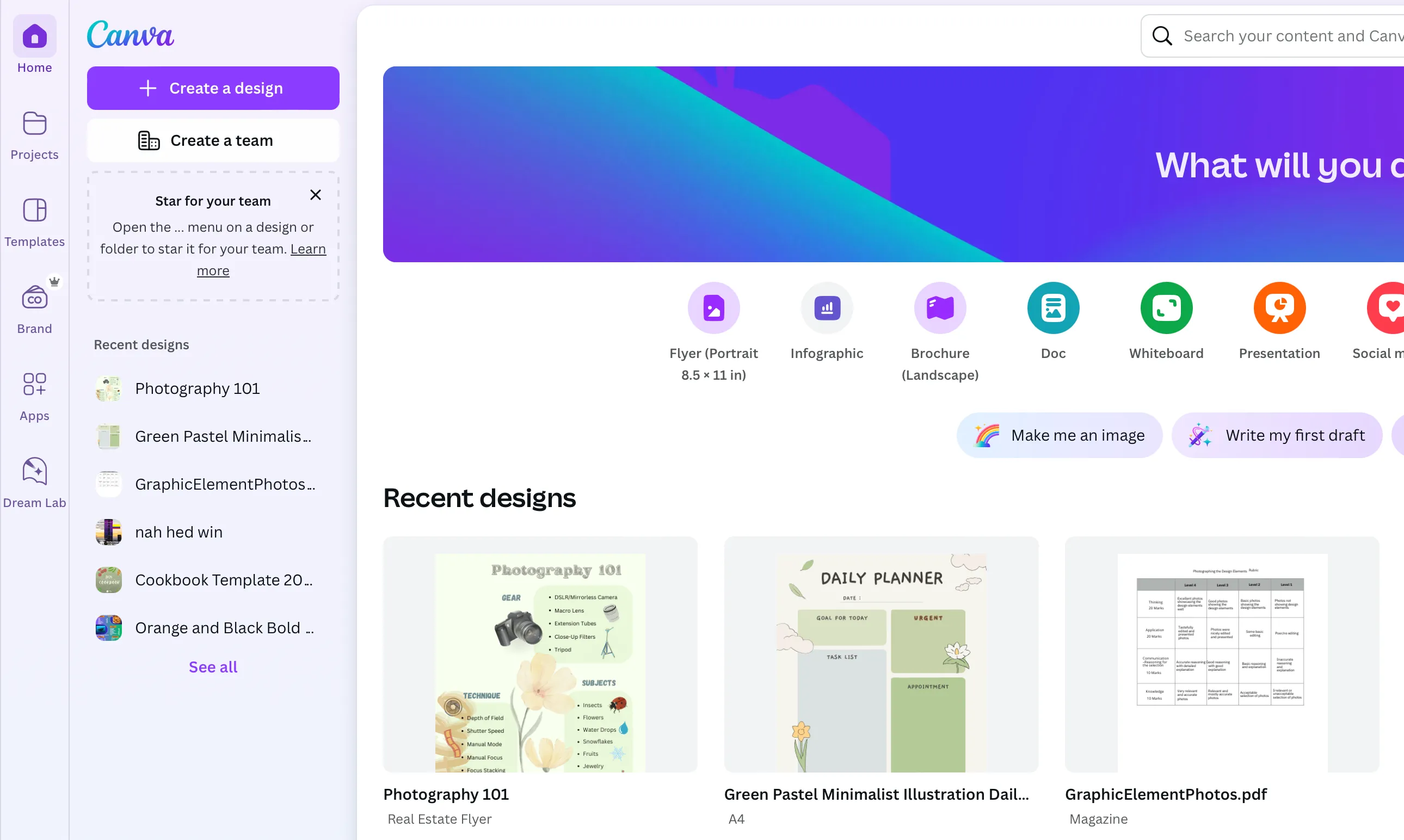 Giao diện trang chủ Canva với các tùy chọn và gói Pro