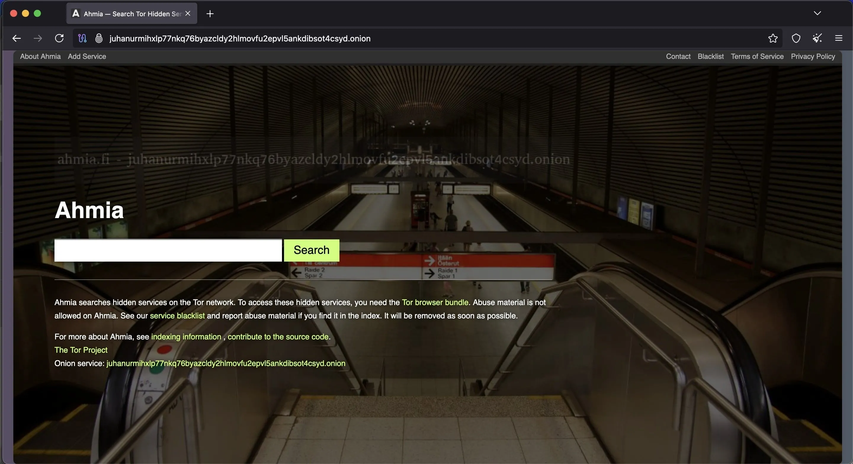 Giao diện trang chủ công cụ tìm kiếm Ahmia, một nền tảng an toàn để tìm kiếm các trang web .onion trên Dark Web.