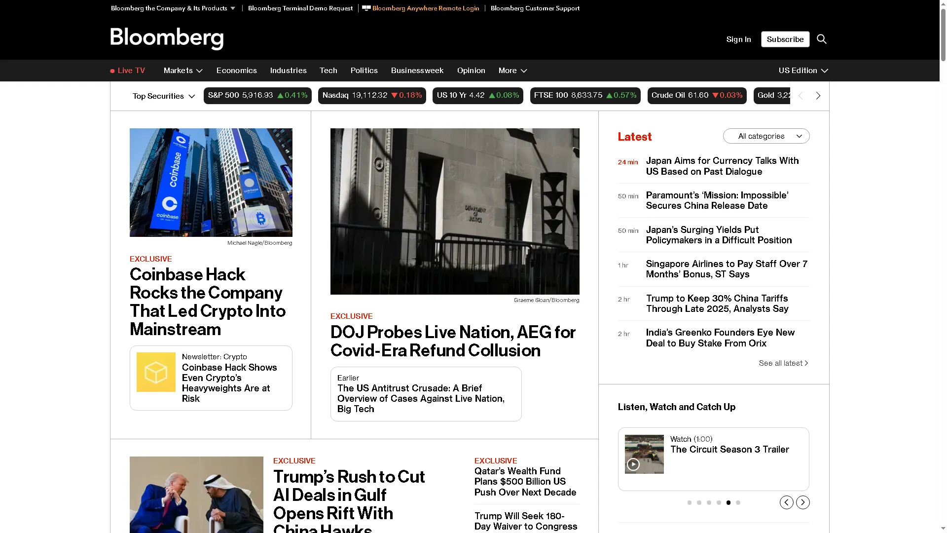 Giao diện trang chủ của Bloomberg.com, ra mắt năm 1993