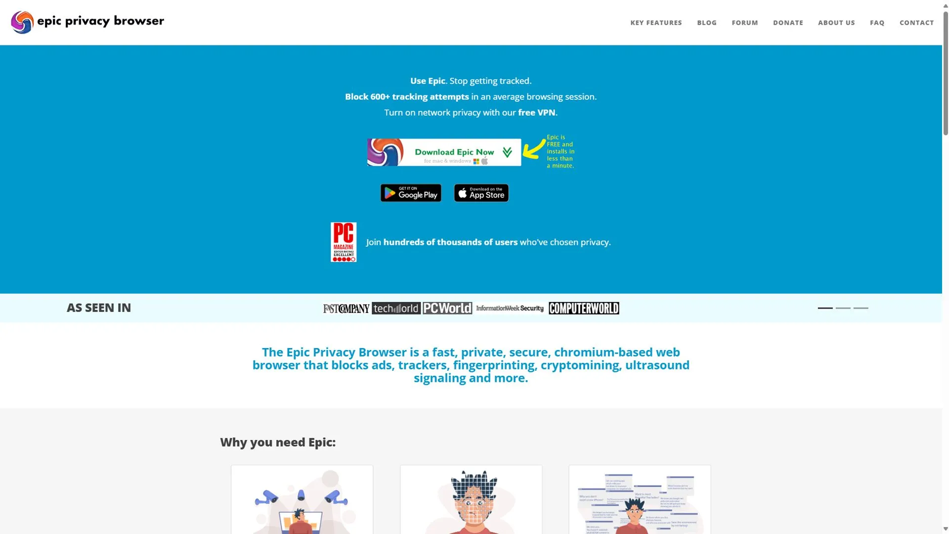 Giao diện trang chủ của trình duyệt Epic Privacy Browser