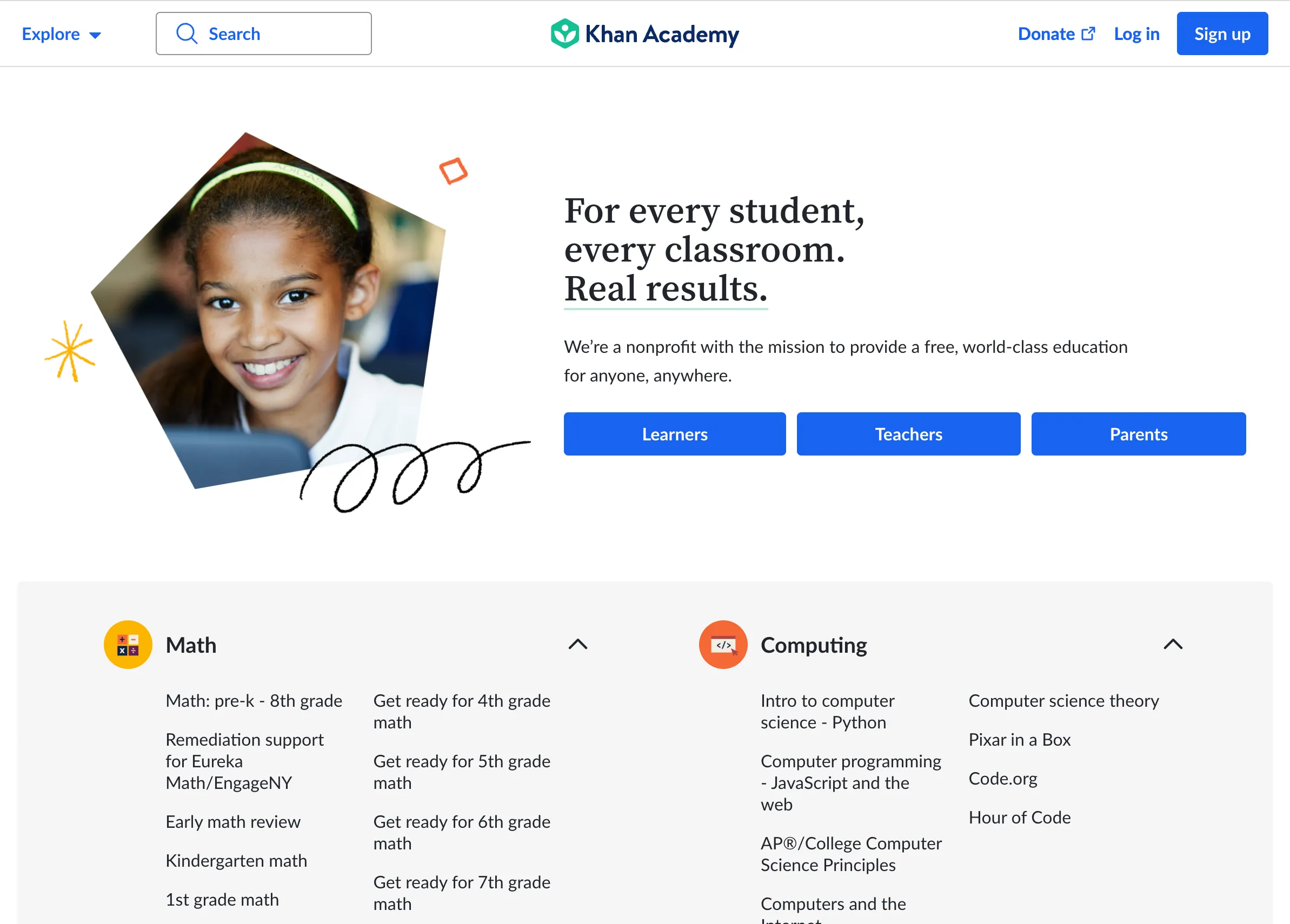 Giao diện trang chủ Khan Academy - website học miễn phí hiệu quả