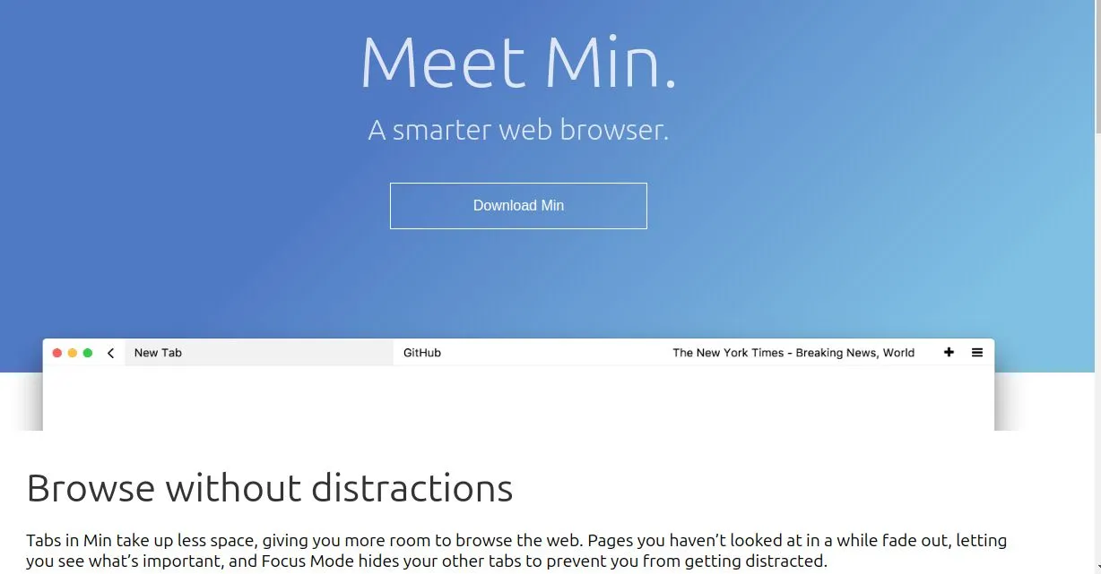 Giao diện trang chủ Min Browser