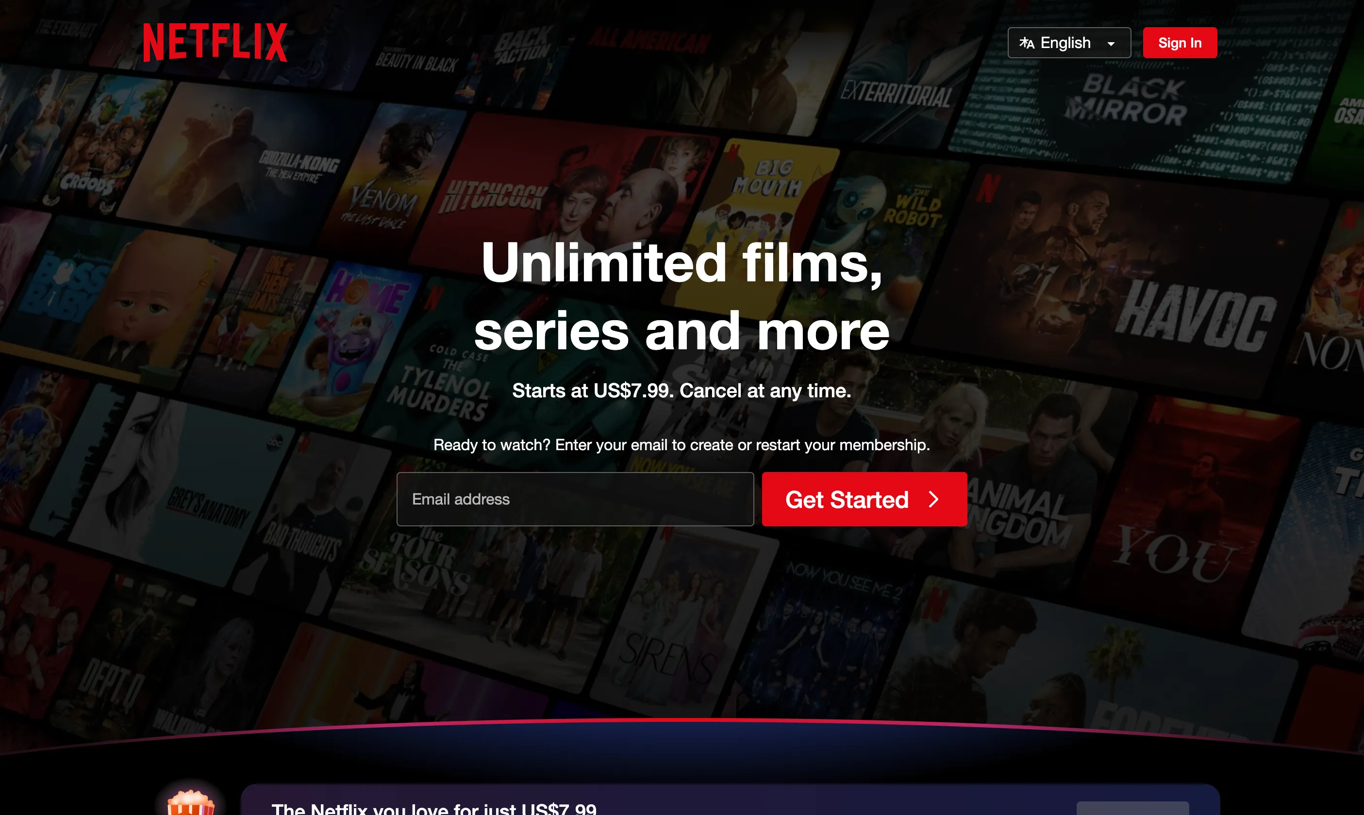 Giao diện trang chủ Netflix hiển thị các bộ phim và chương trình truyền hình nổi bật