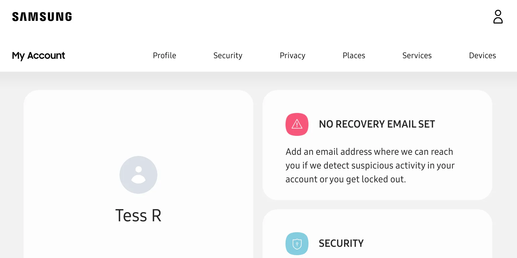 Giao diện trang chủ tài khoản Samsung sau khi đăng nhập, hiển thị thông tin cá nhân và các dịch vụ liên quan