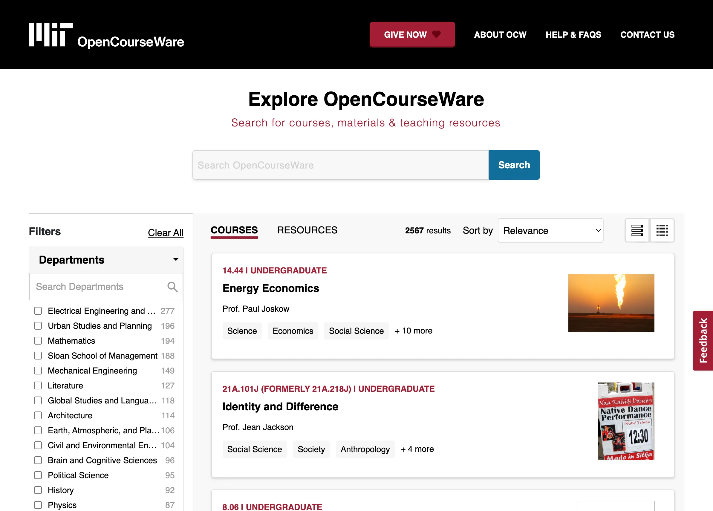 Giao diện trang duyệt khóa học của MIT OpenCourseWare