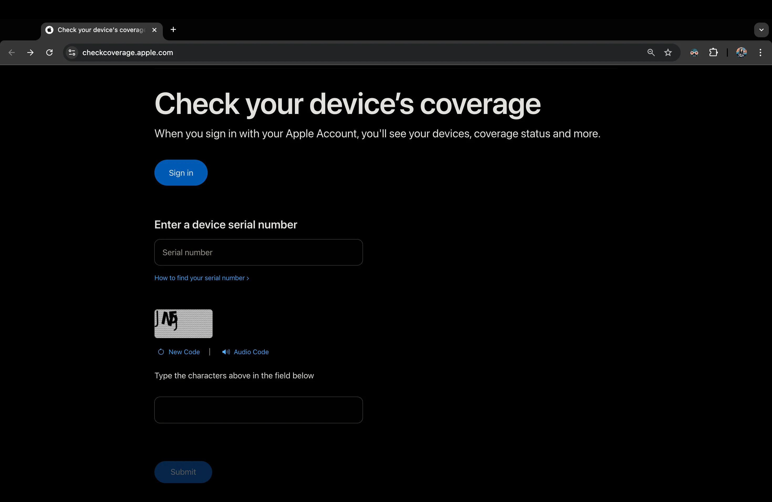 Giao diện trang kiểm tra bảo hành Apple với trường nhập số serial