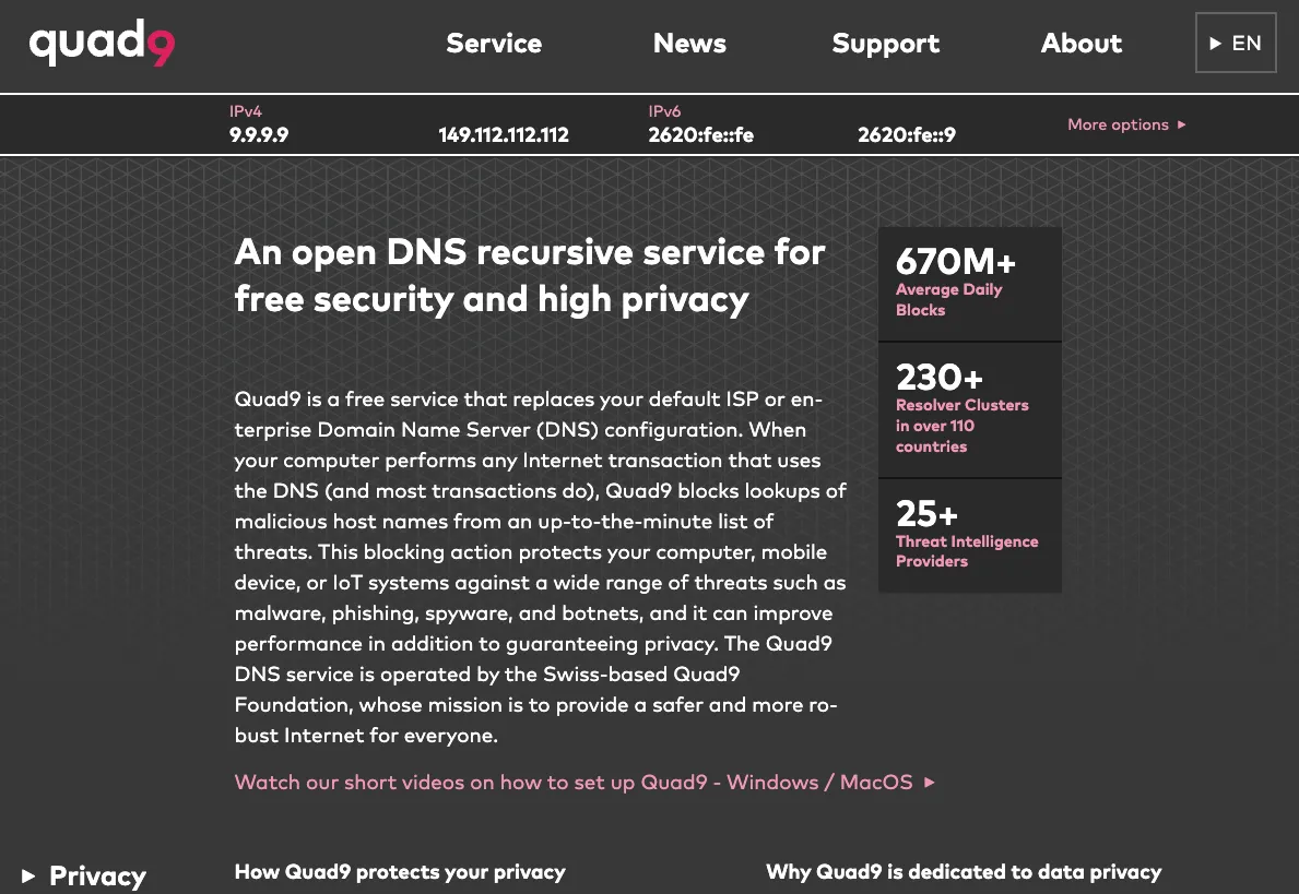 Giao diện trang web bộ phân giải DNS Quad9