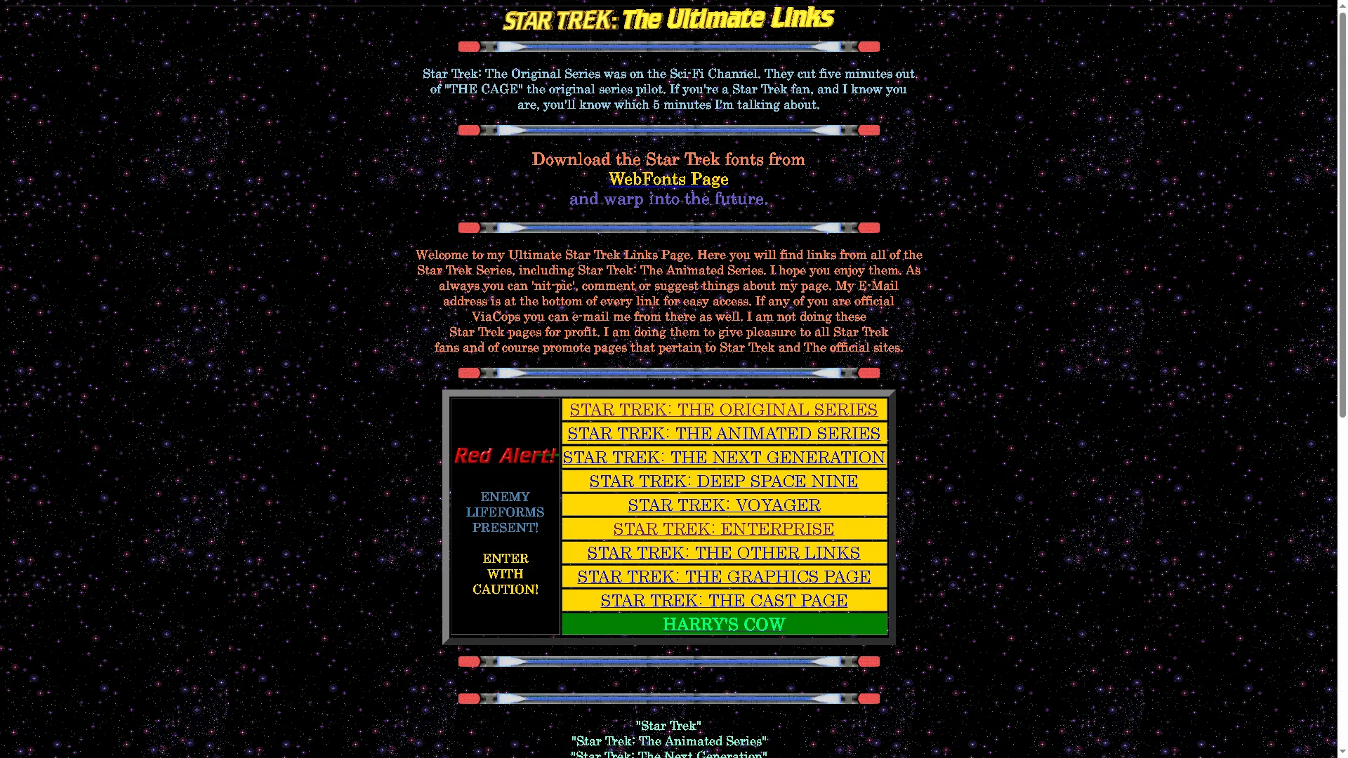 Giao diện trang web DrgnSlyr's Star Trek: The Ultimate Links với các liên kết liên quan