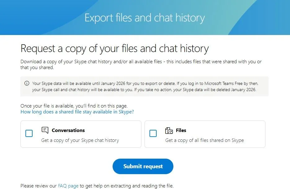 Giao diện trang web xuất dữ liệu lịch sử chat và tập tin trên Skype