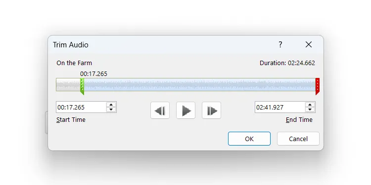 Giao diện Trim Audio trong PowerPoint cho phép cắt và điều chỉnh độ dài file âm thanh
