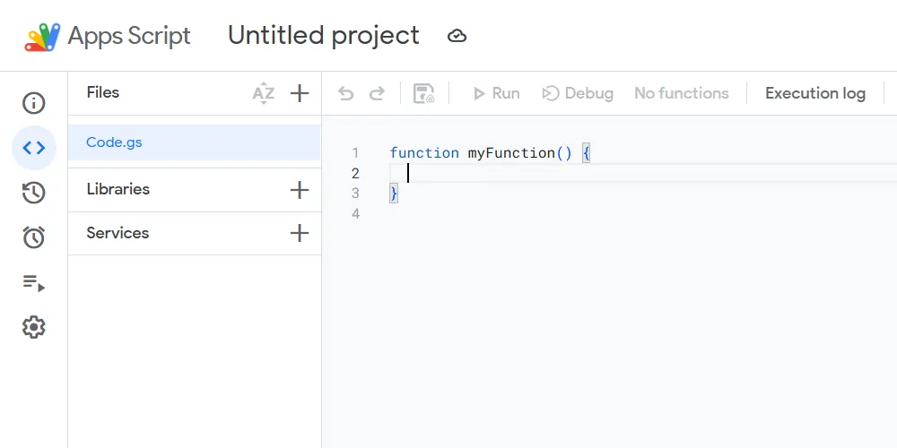 Giao diện trình chỉnh sửa Google Apps Script IDE, nơi bạn viết và quản lý mã nguồn