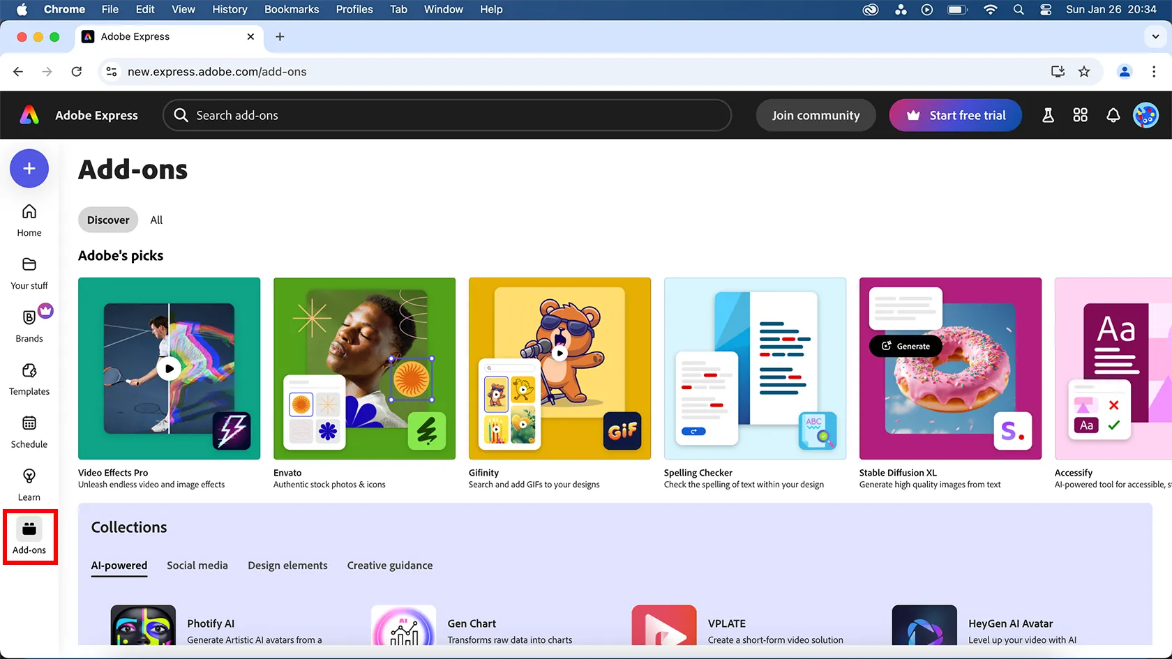 Giao diện trình duyệt Adobe Express có Add-Ons