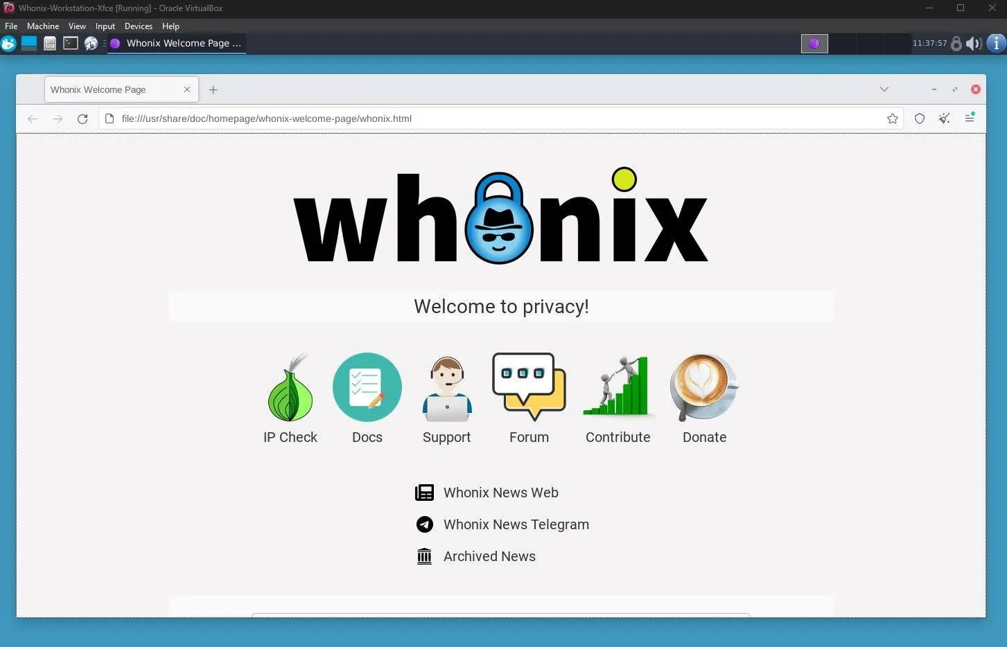 Giao diện trình duyệt web mặc định trên Whonix Workstation, thể hiện hoạt động ẩn danh qua mạng Tor.