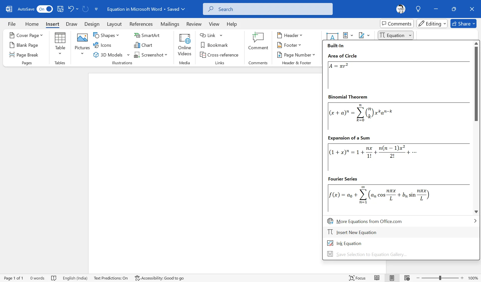 Giao diện trình soạn thảo công thức toán học trong Microsoft Word