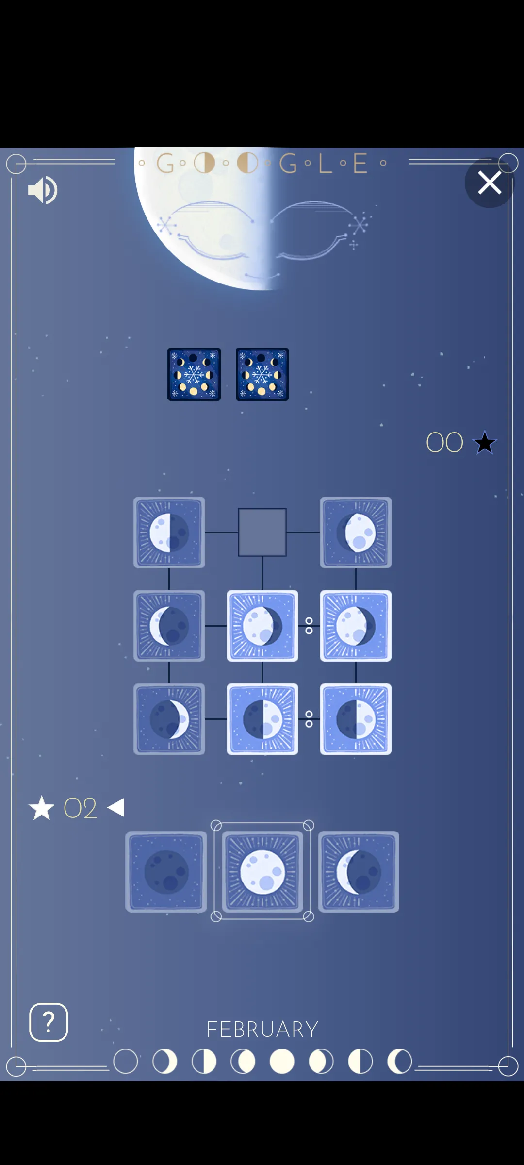 Giao diện trò chơi thẻ bài The Rise of the Half Moon của Google Doodle với các lá bài pha mặt trăng trên bàn cờ