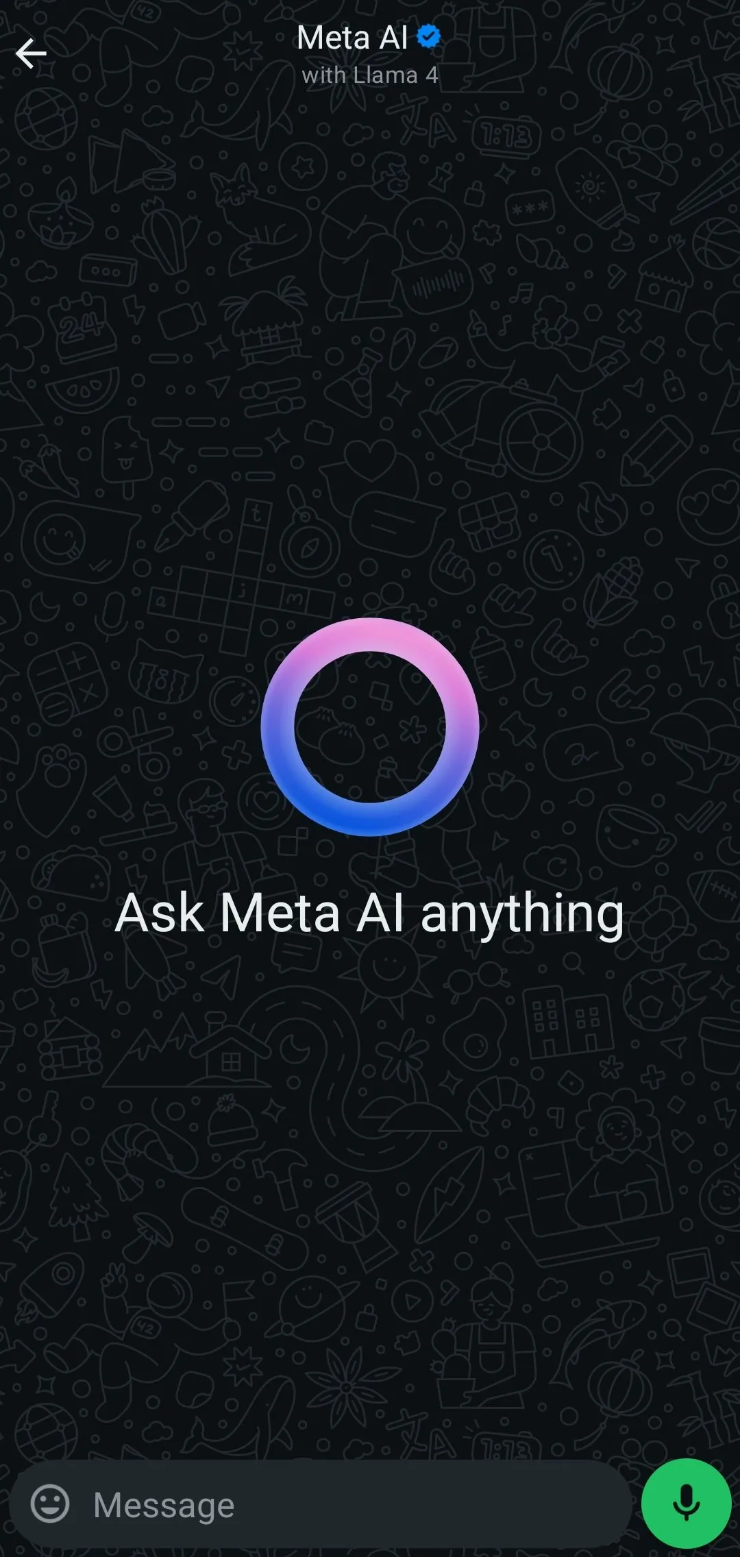 Giao diện trống của Meta AI trong WhatsApp với nút biểu tượng AI màu xanh nổi bật.