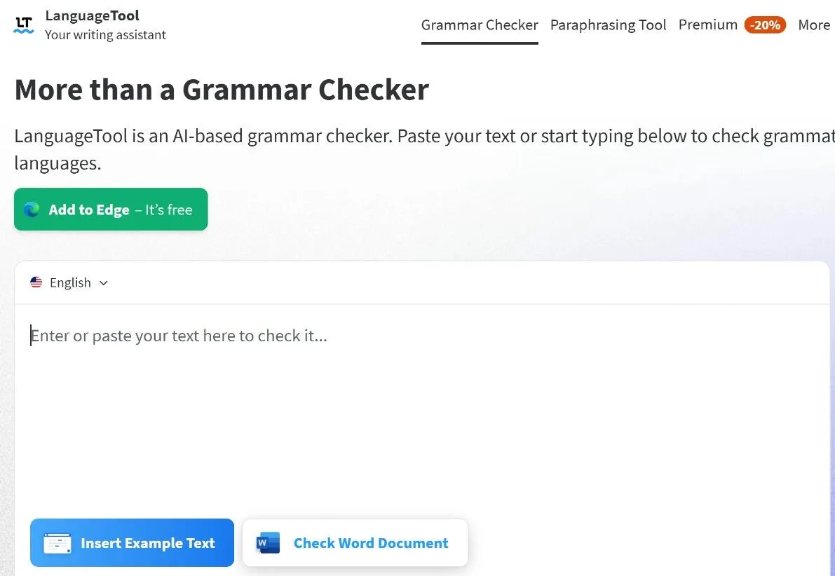 Giao diện trực tuyến của LanguageTool hiển thị các lỗi ngữ pháp và chính tả được công cụ phát hiện, minh họa khả năng kiểm tra văn bản hiệu quả.