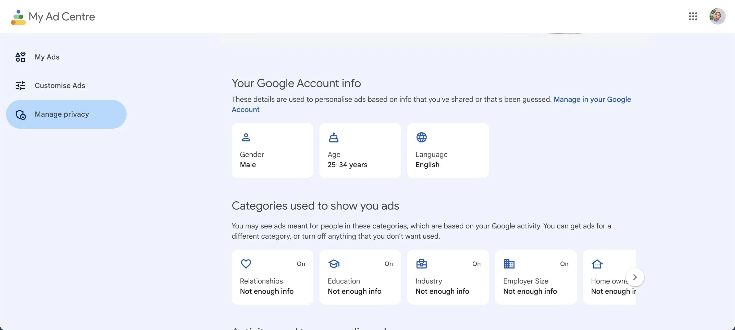 Giao diện trung tâm quảng cáo của Google hiển thị hồ sơ quảng cáo và tùy chọn cá nhân hóa