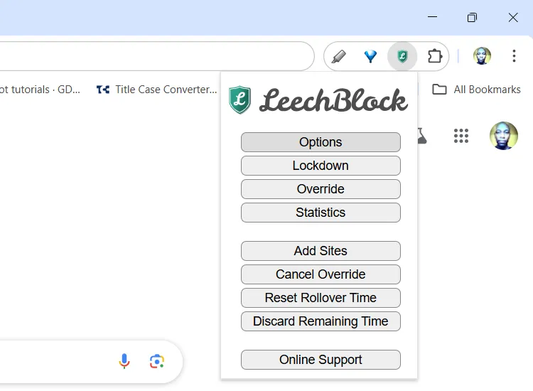 Giao diện tùy chọn của tiện ích LeechBlock NG trong Google Chrome