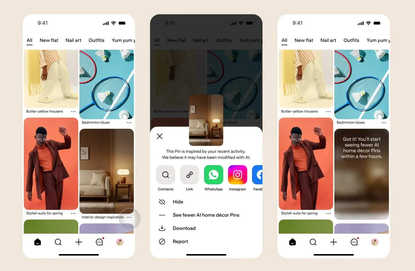 Giao diện tùy chọn để giảm hiển thị các ghim AI trên Pinterest, minh họa nỗ lực chống "AI slop"