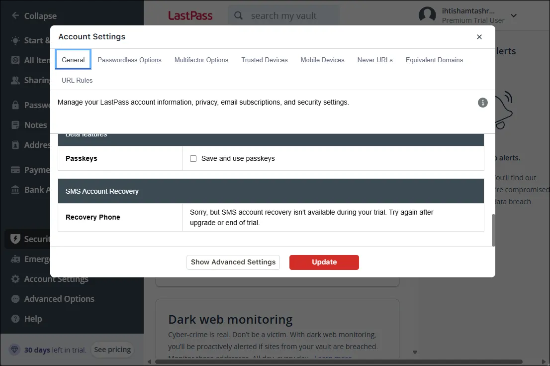 Giao diện tùy chọn khôi phục tài khoản LastPass, minh họa các giải pháp dự phòng của trình quản lý mật khẩu.