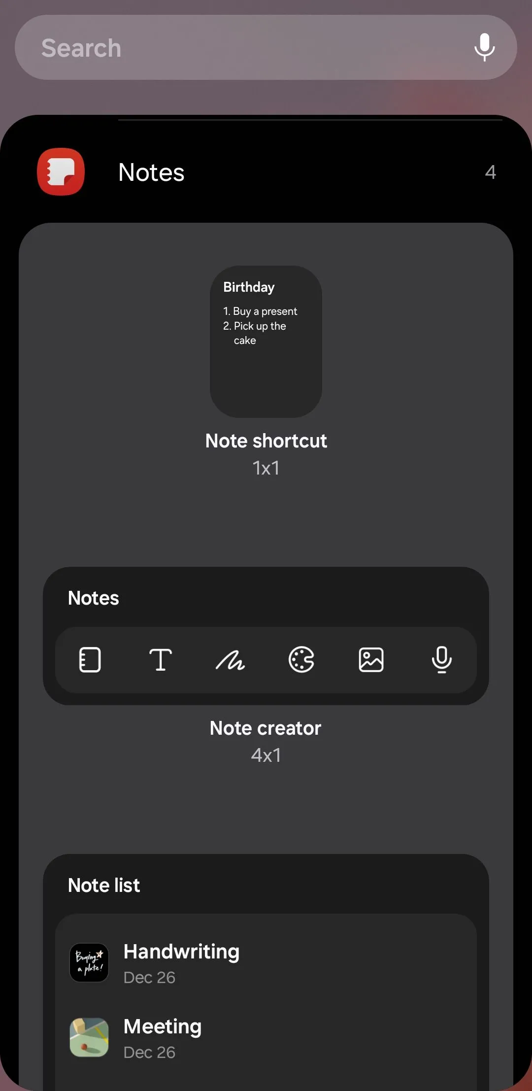Giao diện tùy chọn widget Samsung Notes trên điện thoại Galaxy, hiển thị các loại ghi chú