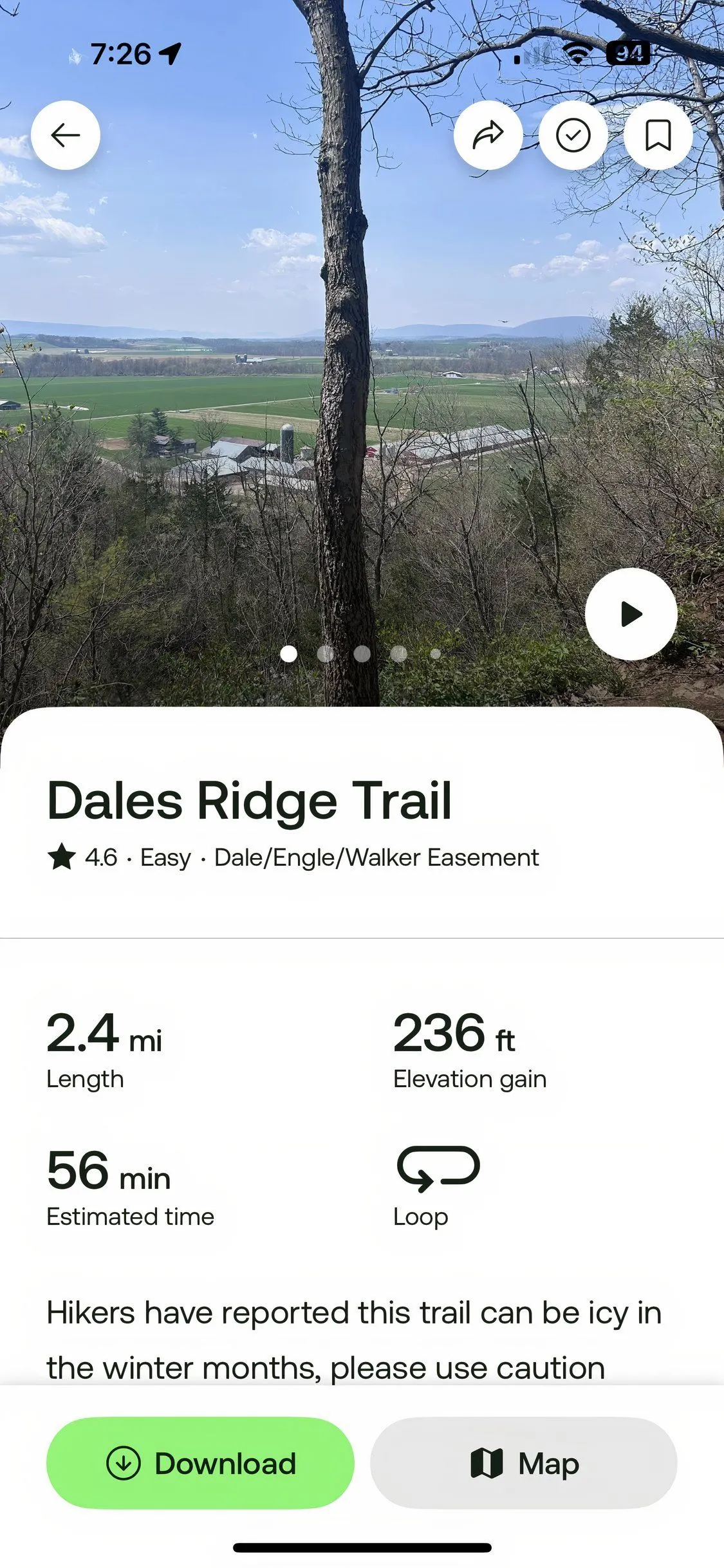 Giao diện ứng dụng AllTrails hiển thị chi tiết cung đường leo núi với bản đồ và thông tin độ khó
