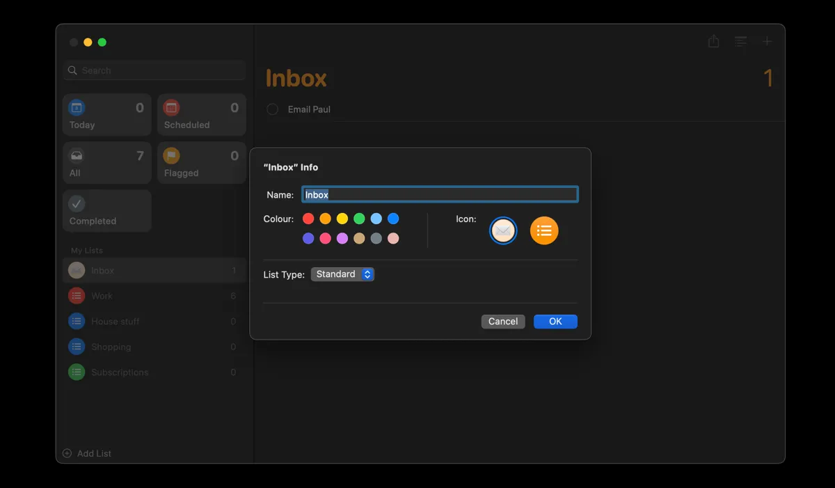Giao diện ứng dụng Apple Reminders trên MacBook hiển thị danh sách "Inbox" đã được đổi tên và tùy chọn tùy chỉnh màu sắc, biểu tượng cho danh sách thu thập thông tin.
