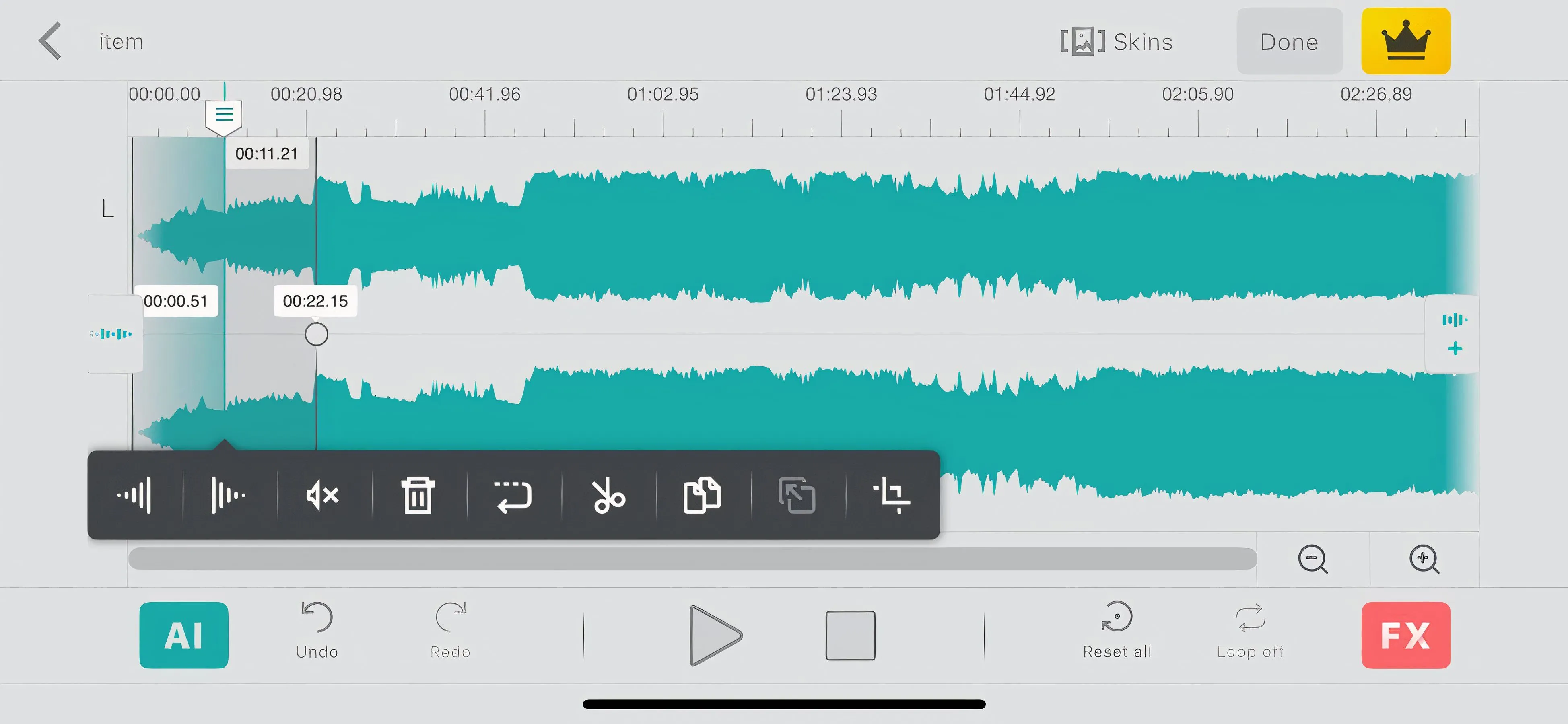 Giao diện ứng dụng Audio Editor Tool trên iPhone, minh họa cách chọn hiệu ứng fade cho bản nhạc.